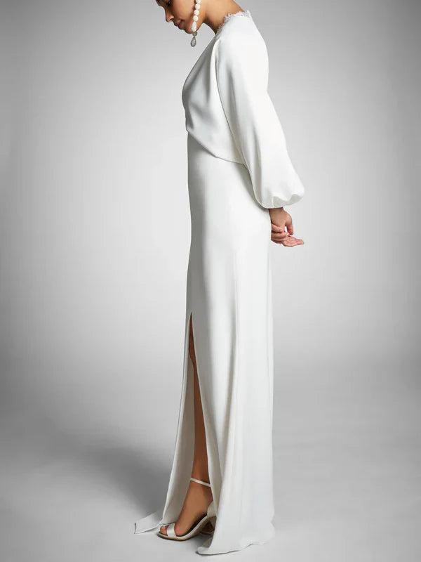 Eng anliegendes/säulenförmiges Brautkleid mit langen Ärmeln, V-Ausschnitt und Bodenlänge