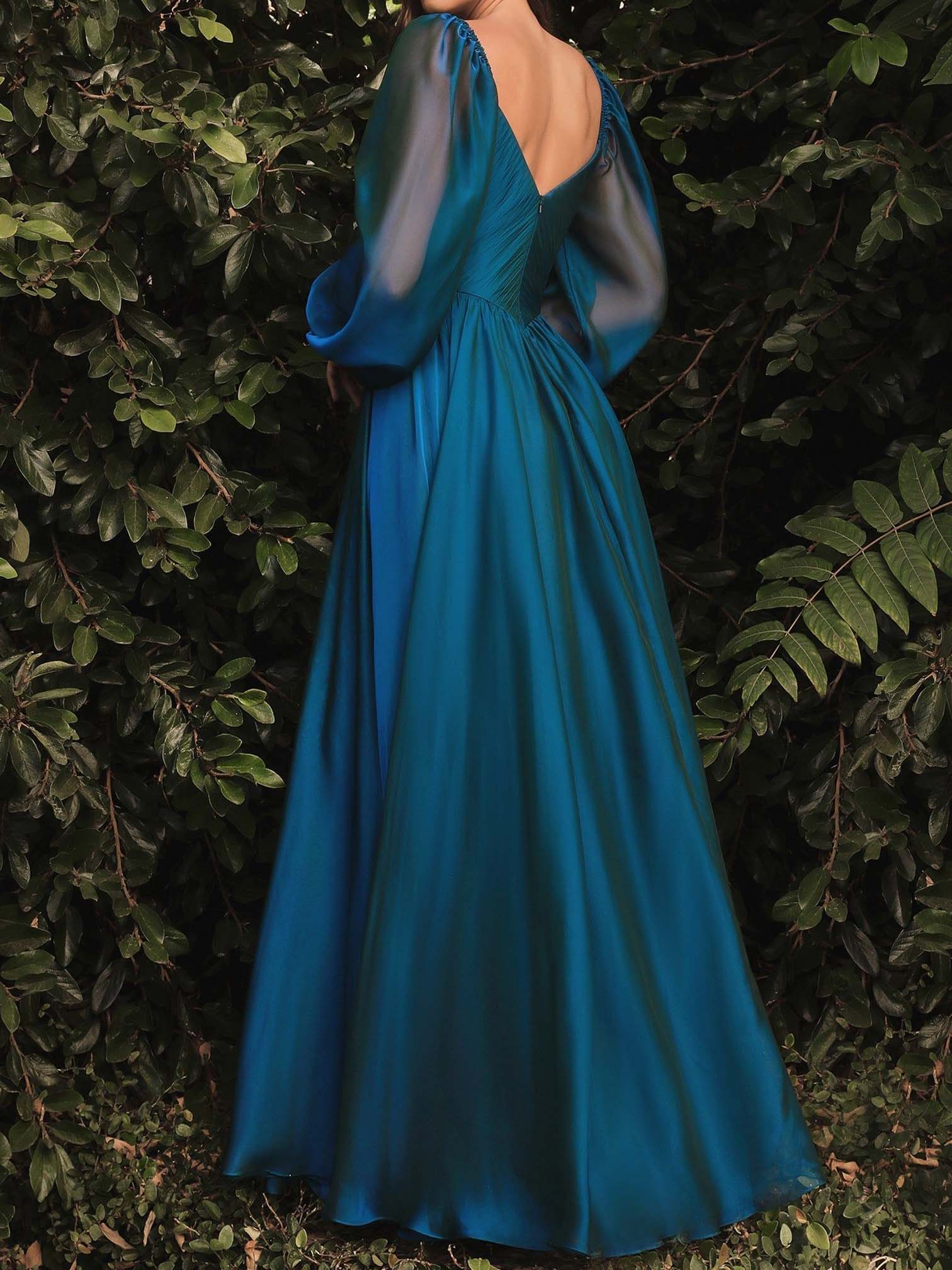 Robe de bal trapèze/princesse à col en V, manches longues et longueur au sol
