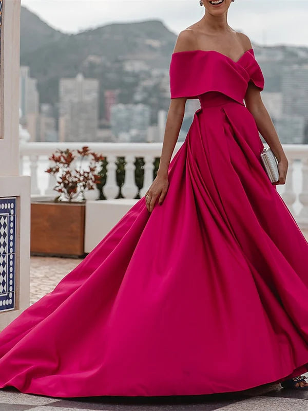 A-line/Princess Off Shoulder Short Sleeves and Floor Prom Dress