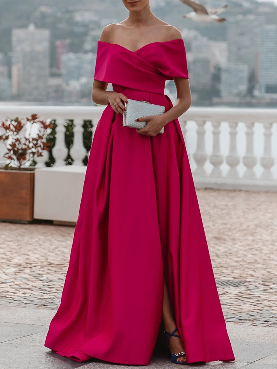 A-line/Princess Off Shoulder Short Sleeves and Floor Prom Dress