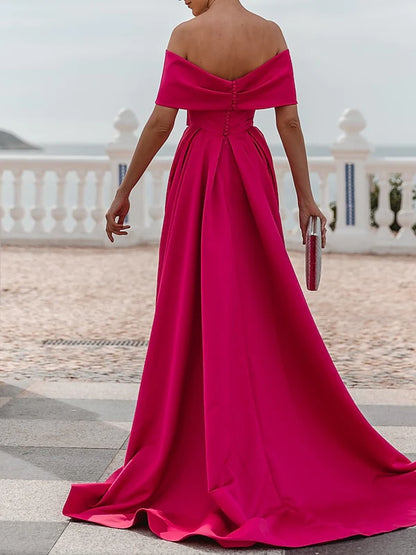 A-line/Princess Off Shoulder Short Sleeves and Floor Prom Dress