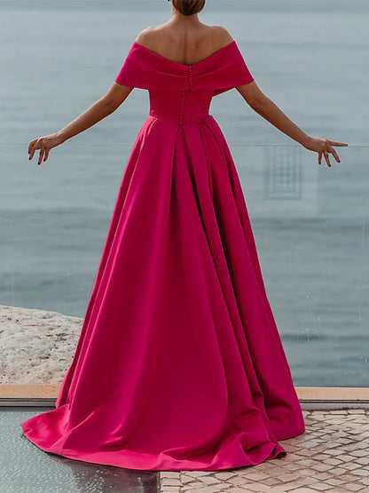 A-line/Princess Off Shoulder Short Sleeves and Floor Prom Dress