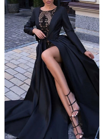 Large hem/brush train long sleeved slit prom dress