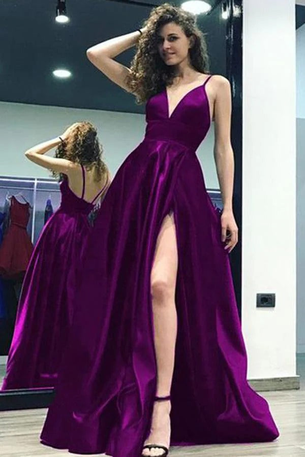 Magenta Satin Plunging V-Neck Spaghetti Strap Open Back A-Line Gown with Slit & Train