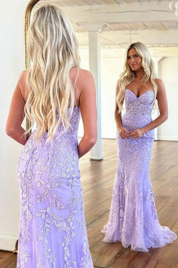 Meerjungfrau Herzausschnitt Spitze Lila Langes Ballkleid Abendkleid