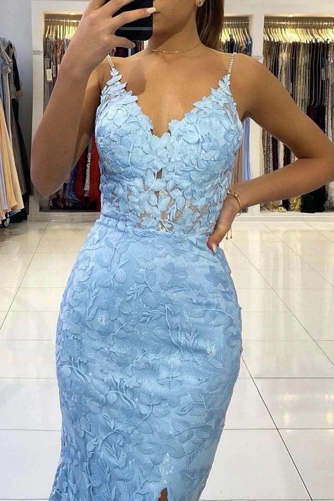 Meerjungfrau V-Ausschnitt Rückenfreies Langes Abendkleid aus blauer Spitze