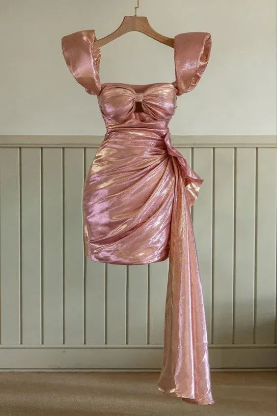 Metallic Pink Puff Strap Bow Cutout Ruched Drape Tail Mini Homecoming Dress