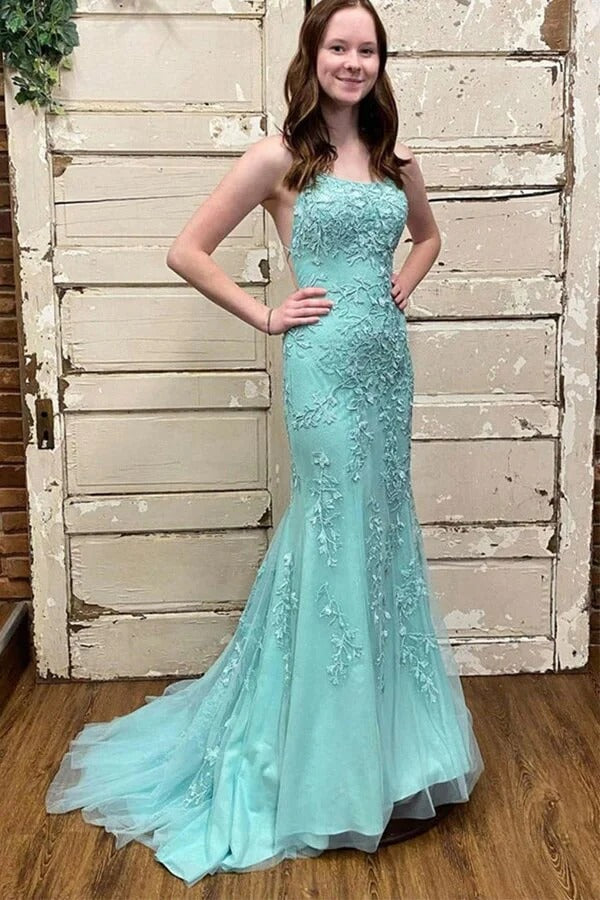 Mint Green Lace Mermaid Prom Gown – Crisscross Backless Lace-Up Formal Dress with Train