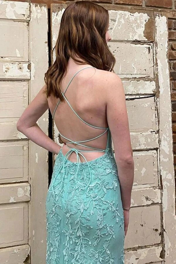Mint Green Lace Mermaid Prom Gown – Crisscross Backless Lace-Up Formal Dress with Train