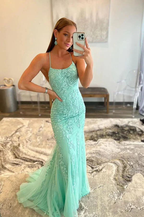 Mint Green Spaghetti-Strap Lace-Up Back Lace Appliqué Mermaid Maxi Dress with Train