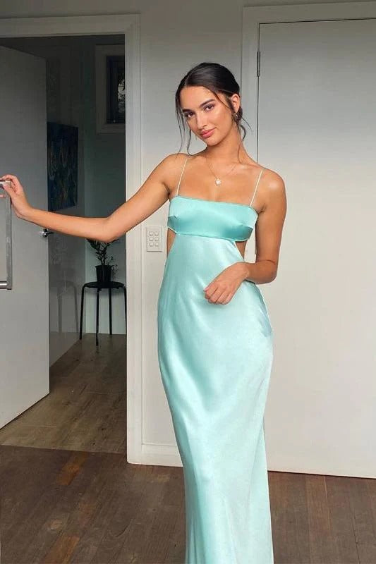 Mint Satin Spaghetti Strap Backless Cowl Neck Maxi Dress – Party Evening Gown