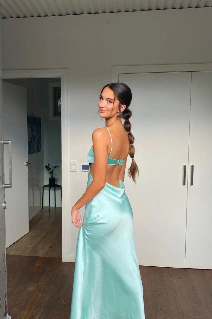 Mint Satin Spaghetti Strap Backless Cowl Neck Maxi Dress – Party Evening Gown