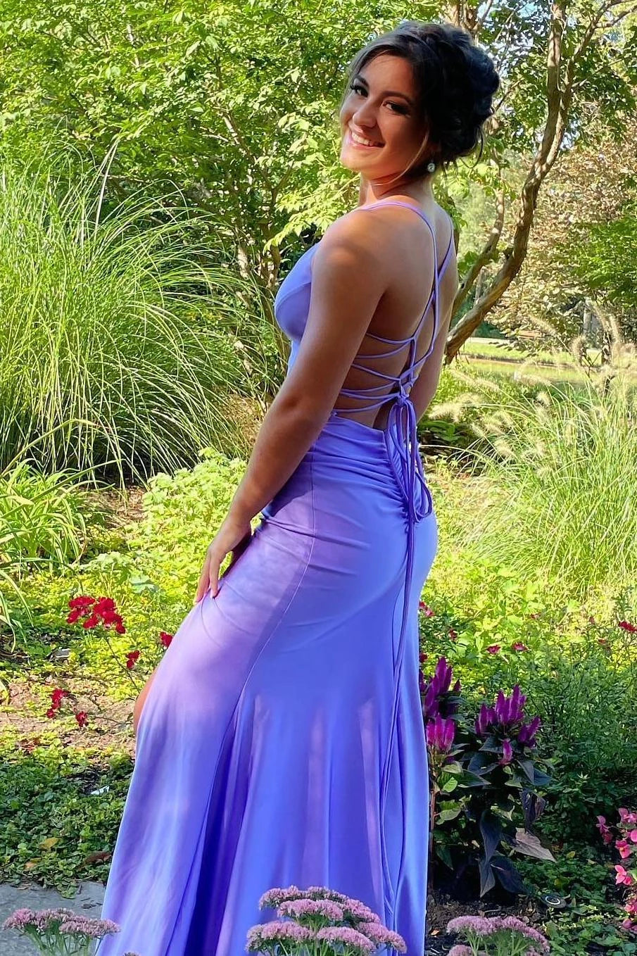 Modern Mermaid V-Neck Spaghetti-Strap Crisscross-Back Slit Floor-Length Prom Dress