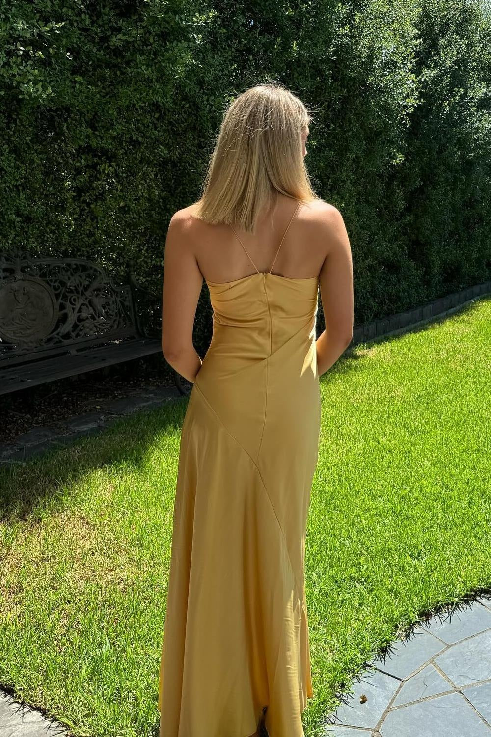 Mustard Yellow Satin Spaghetti Strap High Slit Maxi Dress – Prom Vacation Gown