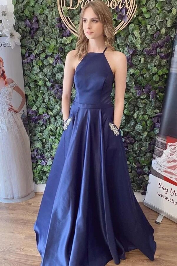 Navy Blue Halter Neck Open Back Satin A-Line Prom Maxi Gown with Train & Beaded Pockets