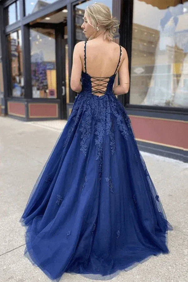 Navy Blue Lace Applique Tulle Ball Gown with Lace-Up Back