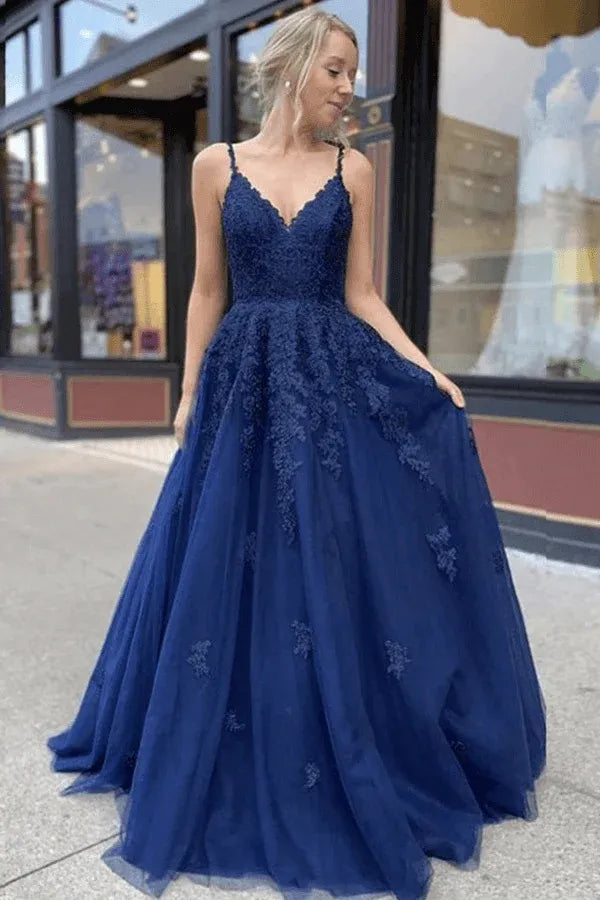 Navy Blue Lace Applique Tulle Ball Gown with Lace-Up Back