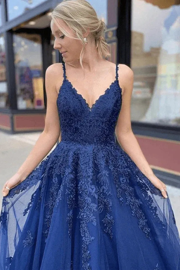 Navy Blue Lace Applique Tulle Ball Gown with Lace-Up Back