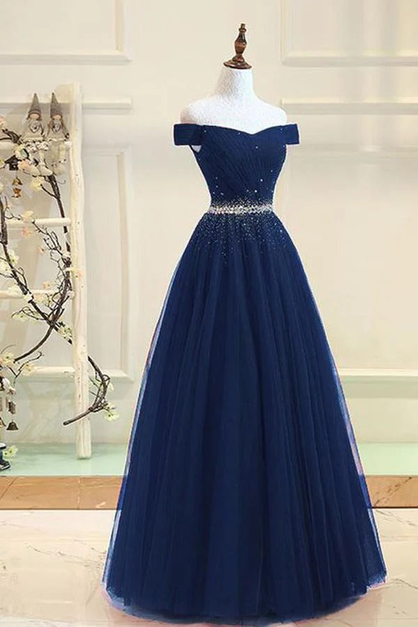 Navy Blue Off-the-Shoulder Beaded Tulle Ball Gown with Crystal Belt
