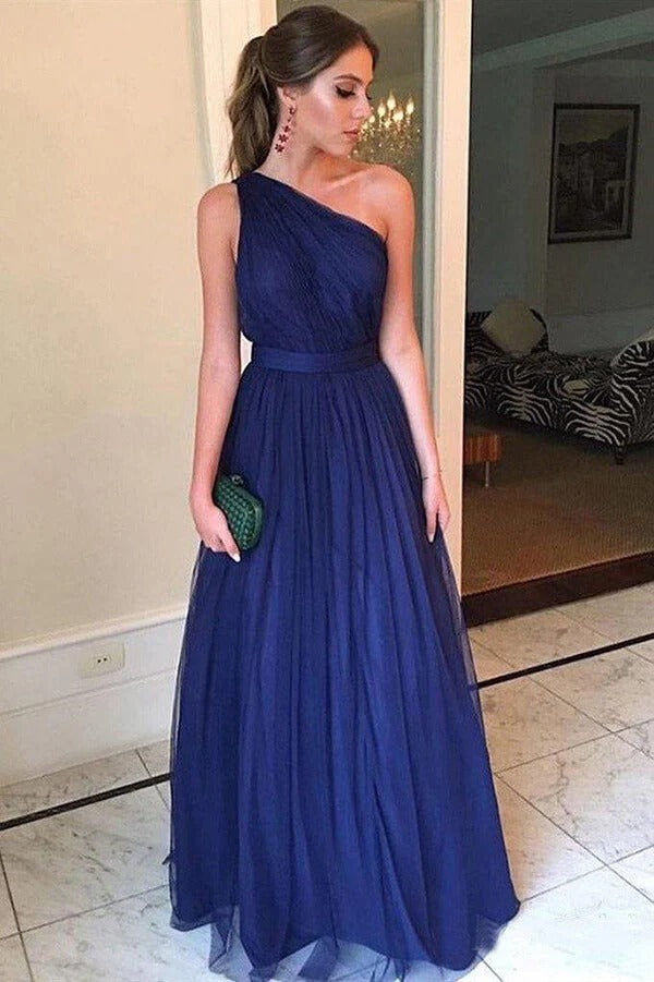 Navy Blue One-Shoulder Tulle Gown with Open Back
