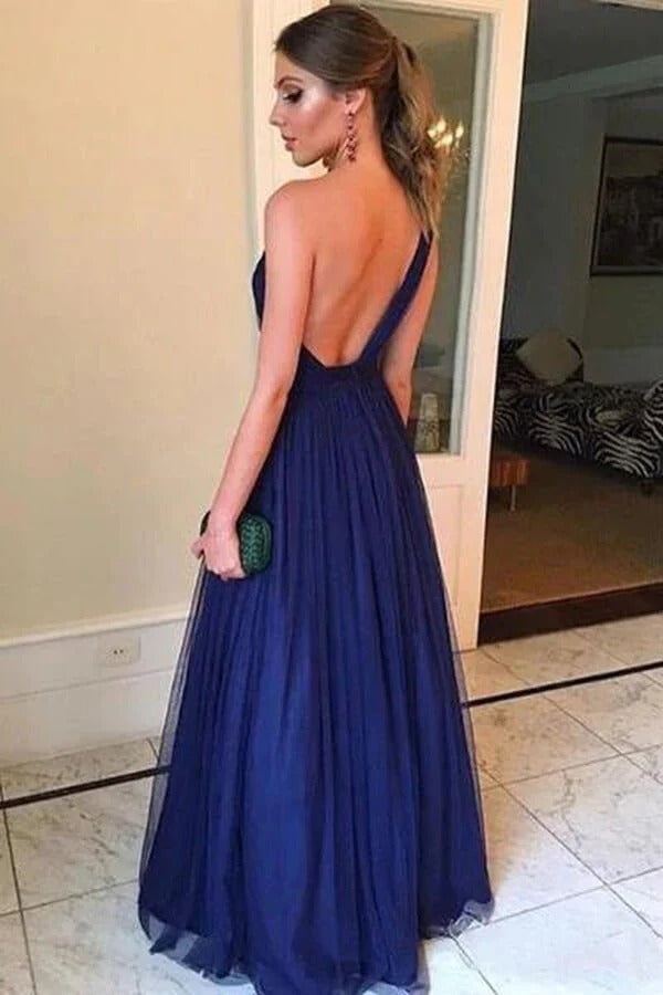 Navy Blue One-Shoulder Tulle Gown with Open Back