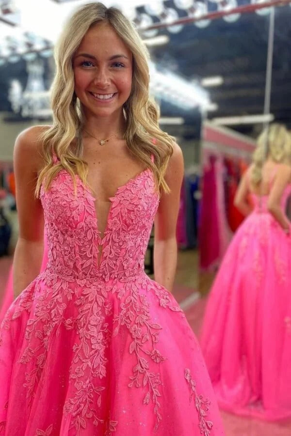Neon Pink Spaghetti-Strap Lace Appliqué Glitter Tulle Ball Gown with Pockets