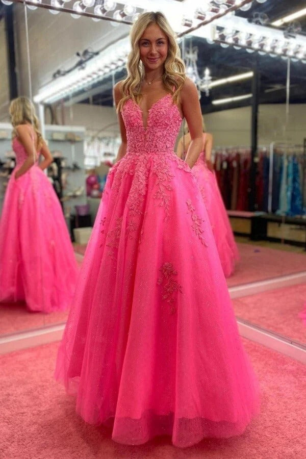 Neon Pink Spaghetti-Strap Lace Appliqué Glitter Tulle Ball Gown with Pockets