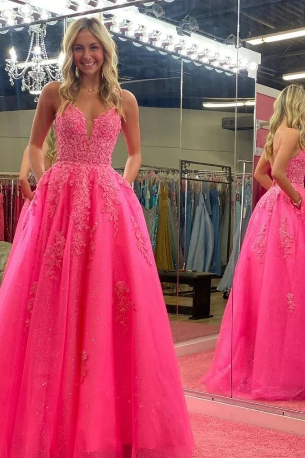 Neon Pink Spaghetti-Strap Lace Appliqué Glitter Tulle Ball Gown with Pockets
