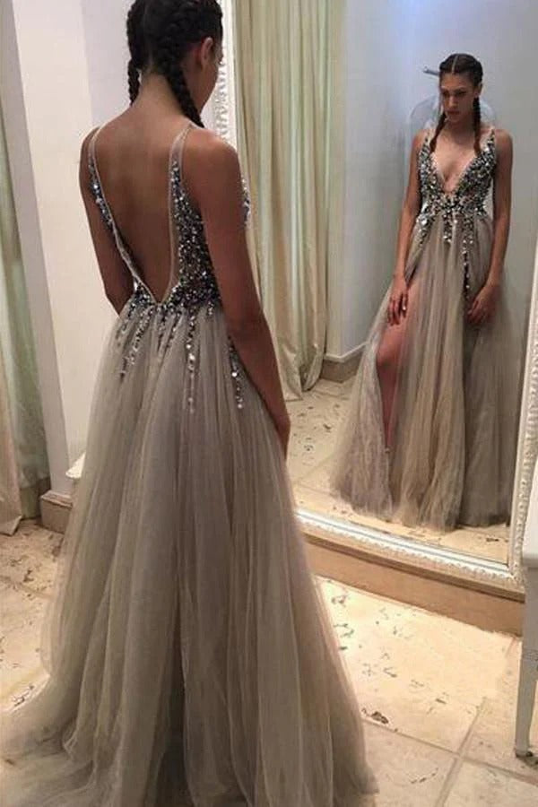 Nude Tulle Beaded Illusion Plunging V-Neck Open Back A-Line Gown with Slit