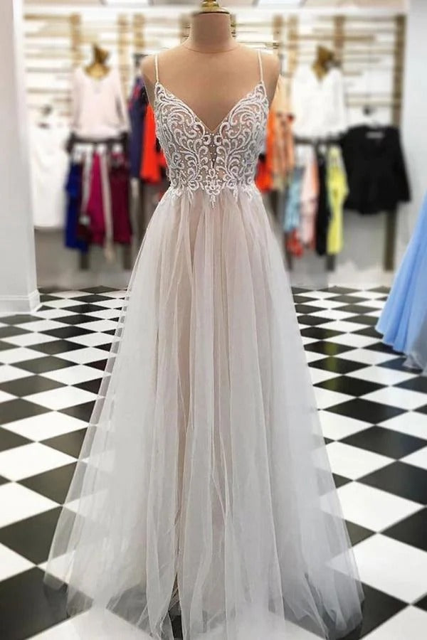 Nude Tulle Lace Illusion Plunging V-Neck Spaghetti Strap A-Line Gown with Slit