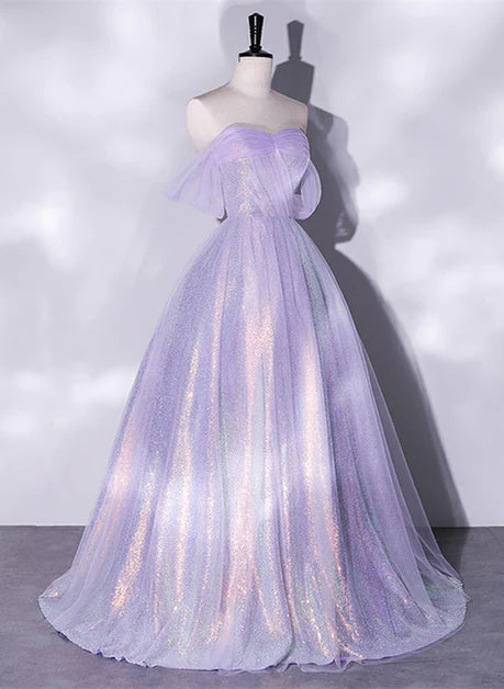 Lavendelfarbenes A-Linien-Ballkleid mit Herzausschnitt und transparenten Pailletten in Rosa, schulterfreies, transparentes Abendkleid in Rosa
