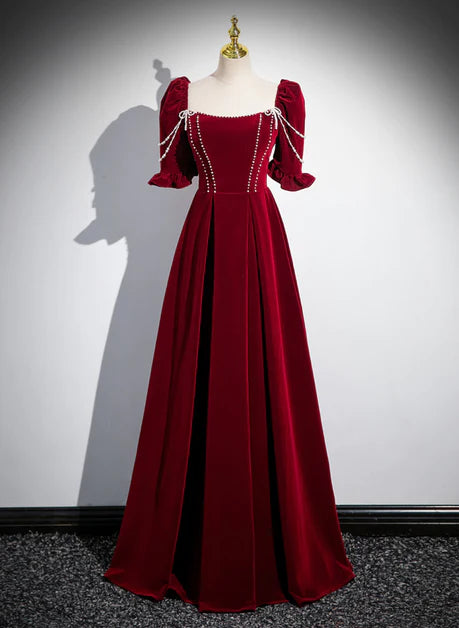Robe de soirée élégante en velours rouge vin à manches courtes et longue princesse, robe de soirée à col trapèze rouge vin