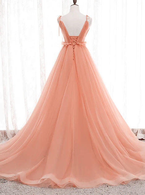 A-line sheer shoulder strap low back wedding party, pink sheer backless long evening dress