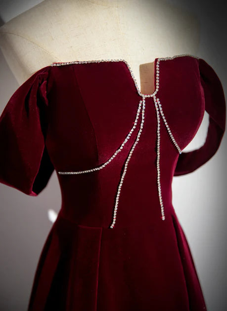 Wine red velvet long V-neck off shoulder ball dress, wine red velvet A-line long evening dress