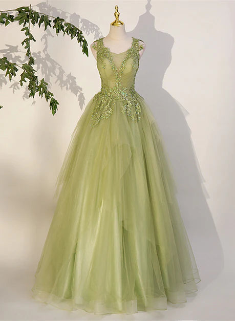 Robe de bal élégante en dentelle vert clair, coupe trapèze transparente, décolleté vert clair, sans manches, épaules dénudées
