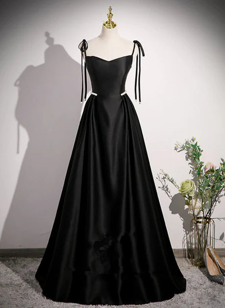 Robe de bal en satin perlé noir à la mode, ligne A/princesse, bretelles fines, sans manches, dos nu, nœud et robe de soirée longue