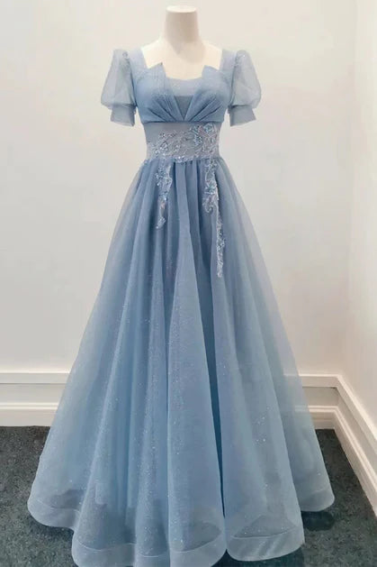 Robe de soirée longue à manches courtes en tulle brillant bleu, robe de bal trapèze bleue