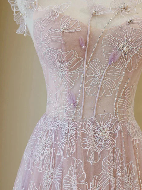 Robe de bal longue en dentelle rose clair à col rond, robe de bal trapèze rose perlée dos nu et au sol