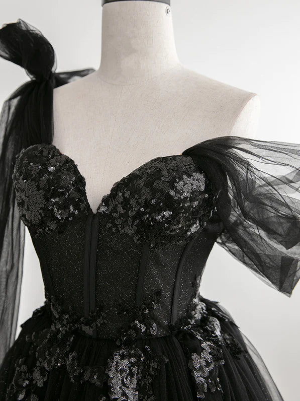 Robe de soirée noire élégante et sexy à une épaule transparente à paillettes douces avec robe de soirée noire à épaules dénudées et dos nu