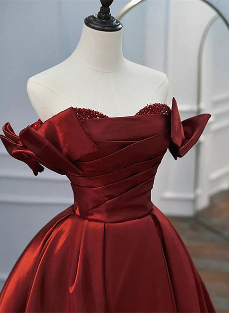 Robe de soirée élégante en satin rouge vin, ligne A, épaules dénudées, robe de soirée longue moulante sans manches à volants, princesse rouge vin