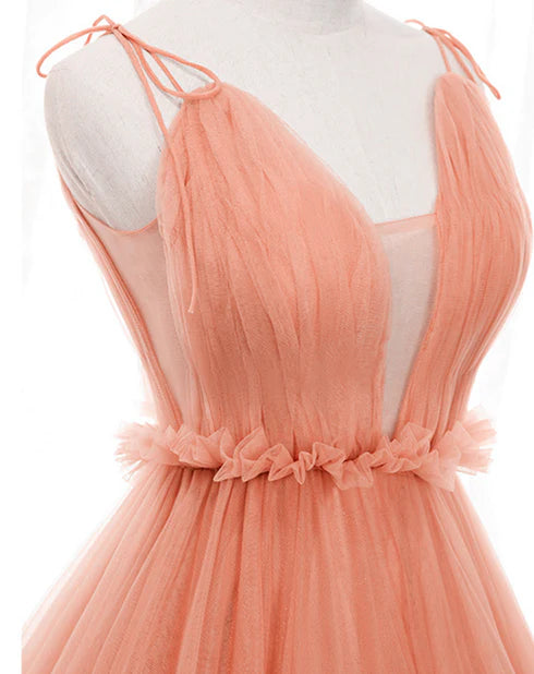 A-line sheer shoulder strap low back wedding party, pink sheer backless long evening dress