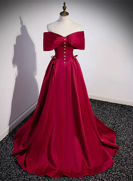 Unique/Beautiful Wine Red Satin Ball Dress, A-line/Princess Off Shoulder Bow Short Sleeve Off Back Pearl and Floor Length/Long Evening Dress