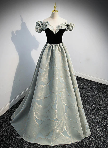 A-line Blue Grey Satin Sweetheart Off the Shoulder Ball Dress, Long Retro Flower Evening Dress
