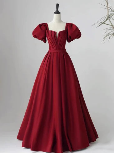 Robe de soirée élégante à manches courtes rouge vin, robe de soirée longue à bretelles dos nu rouge vin
