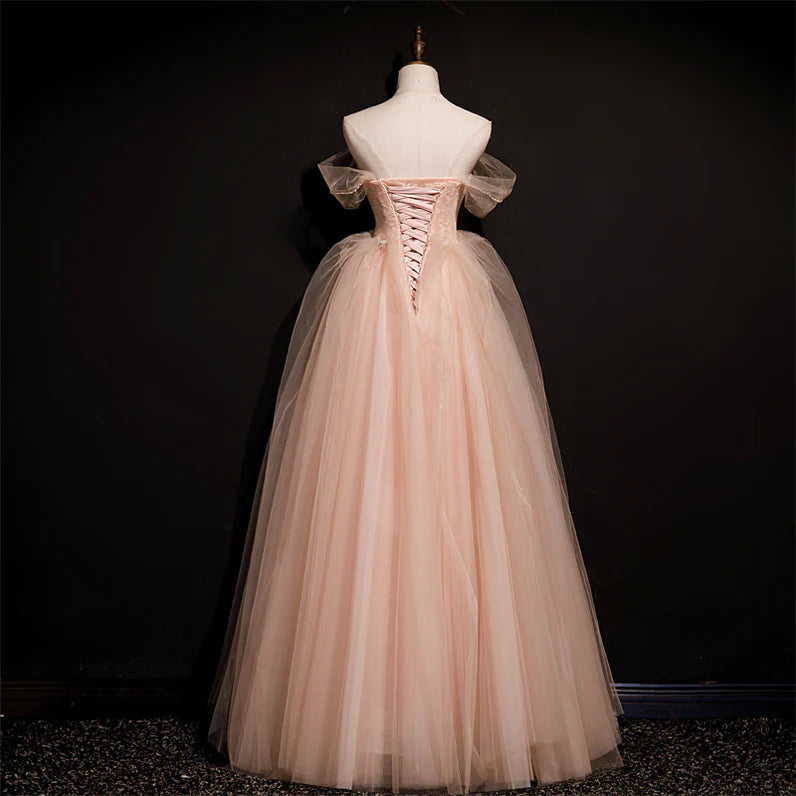 Süßes, rosafarbenes, schulterfreies, durchsichtiges, langes Partykleid mit Perlenbesatz, rosafarbenes, trägerloses, rückenfreies und bodenlanges Abendkleid in A-Linie