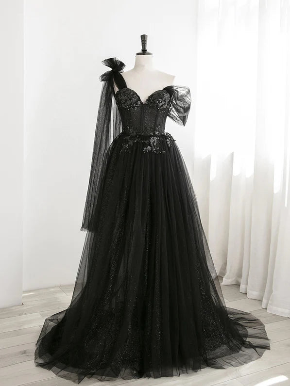 Robe de soirée noire élégante et sexy à une épaule transparente à paillettes douces avec robe de soirée noire à épaules dénudées et dos nu