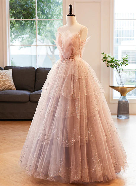 Rosa Perlenbesetztes V-Ausschnitt Schultergurt Rückenfreies transparentes Partykleid Ballkleid, süßes rosa A-förmiges transparentes Lagen-Ballkleid