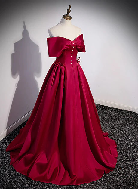 Unique/Beautiful Wine Red Satin Ball Dress, A-line/Princess Off Shoulder Bow Short Sleeve Off Back Pearl and Floor Length/Long Evening Dress