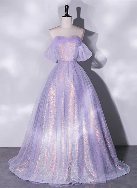 Lavendelfarbenes A-Linien-Ballkleid mit Herzausschnitt und transparenten Pailletten in Rosa, schulterfreies, transparentes Abendkleid in Rosa