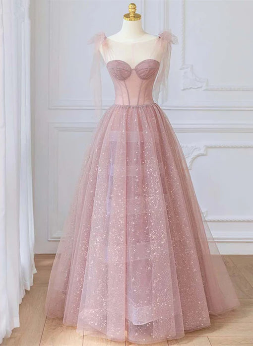 Süßes, rosafarbenes, transparentes, schulterfreies, ärmelloses Partykleid mit Rundhalsausschnitt, rosafarbenes, rückenfreies, transparentes, langes Ballkleid in A-Linie